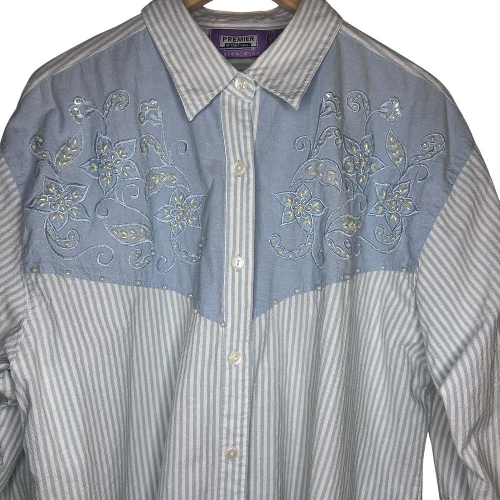 Premier Intl Vintage Women's Western Embellished Blouse Floral Blue Pearls Sz 2X